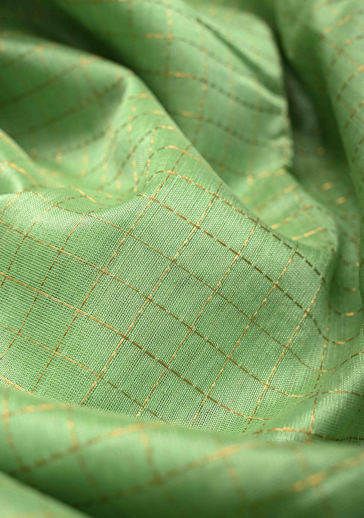 Pista Green Zari Checks on Kanchi Silk Cotton Saree with Paisely Motif on Contrast Zari Border