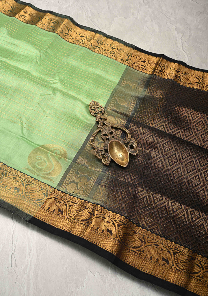 Pista Green Zari Checks on Kanchi Silk Cotton Saree with Paisely Motif on Contrast Zari Border