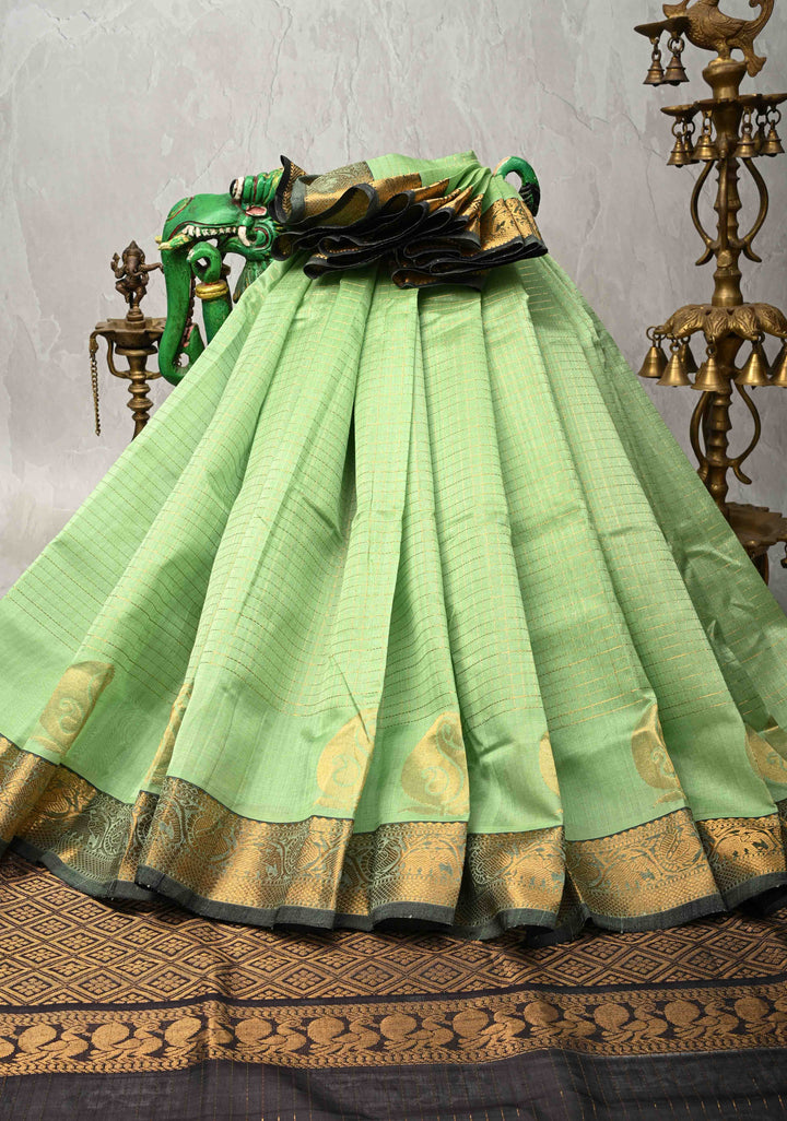 Pista Green Zari Checks on Kanchi Silk Cotton Saree with Paisely Motif on Contrast Zari Border