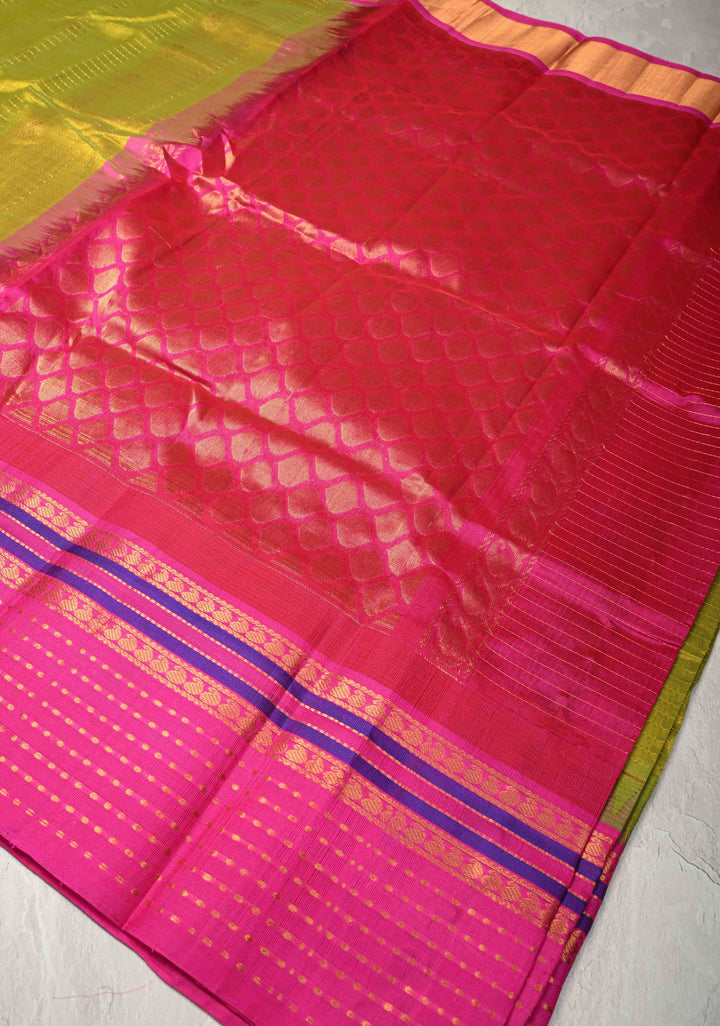 Green Yellow Dual Tone Kanchi Silk Cotton Saree with Buttas Zari Checks  and Contrast Zari Border