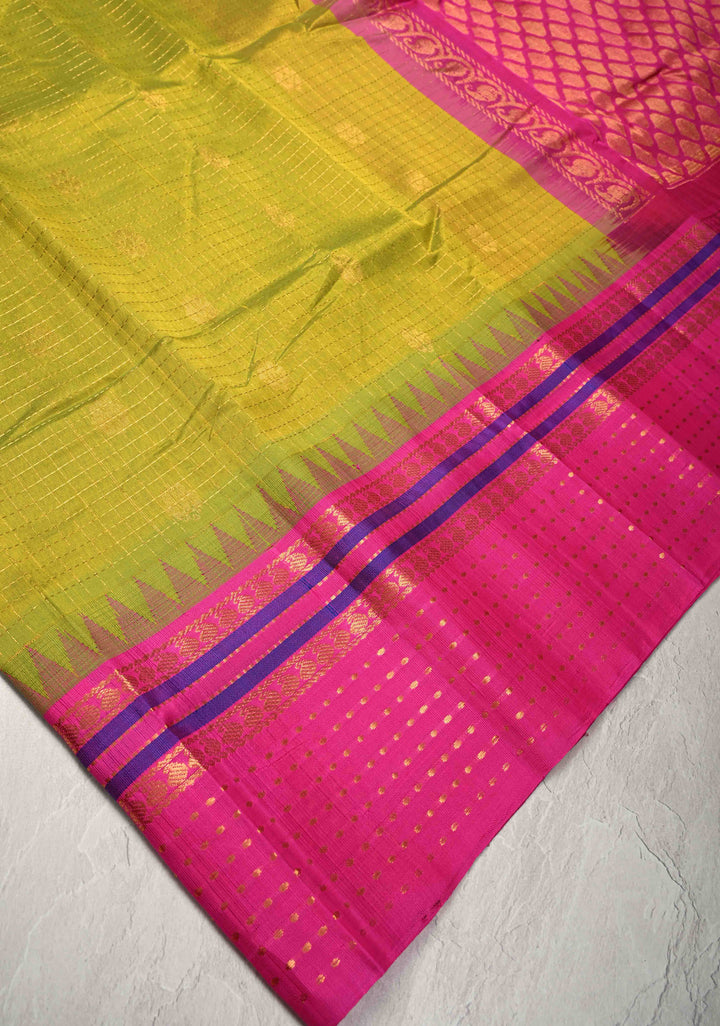 Green Yellow Dual Tone Kanchi Silk Cotton Saree with Buttas Zari Checks  and Contrast Zari Border
