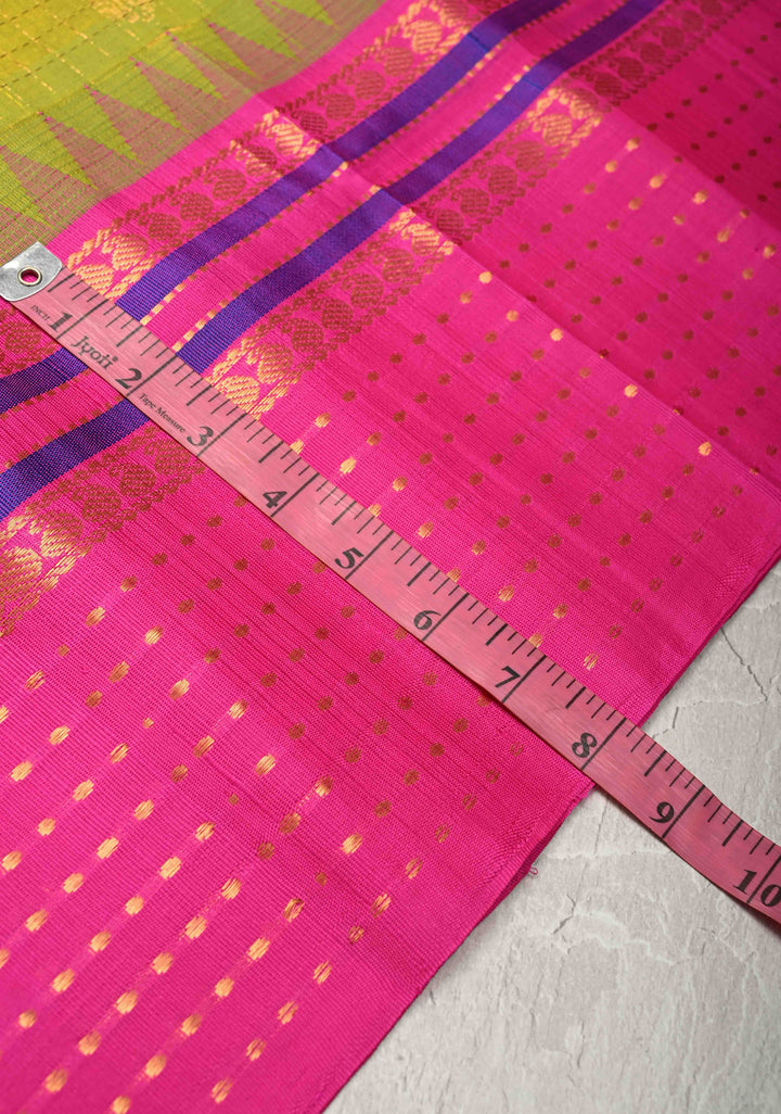 Green Yellow Dual Tone Kanchi Silk Cotton Saree with Buttas Zari Checks  and Contrast Zari Border