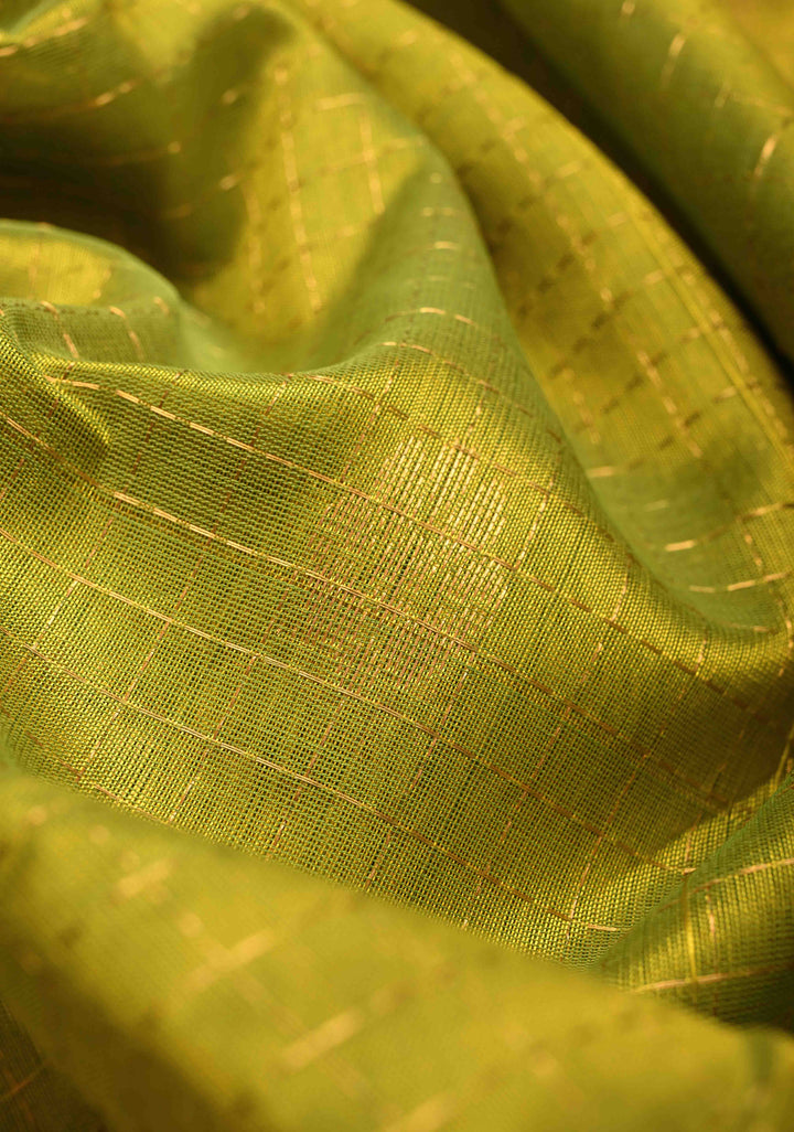 Green Yellow Dual Tone Kanchi Silk Cotton Saree with Buttas Zari Checks  and Contrast Zari Border