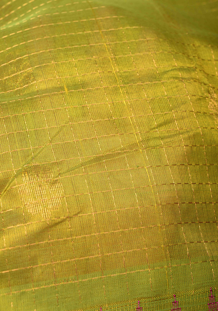 Green Yellow Dual Tone Kanchi Silk Cotton Saree with Buttas Zari Checks  and Contrast Zari Border