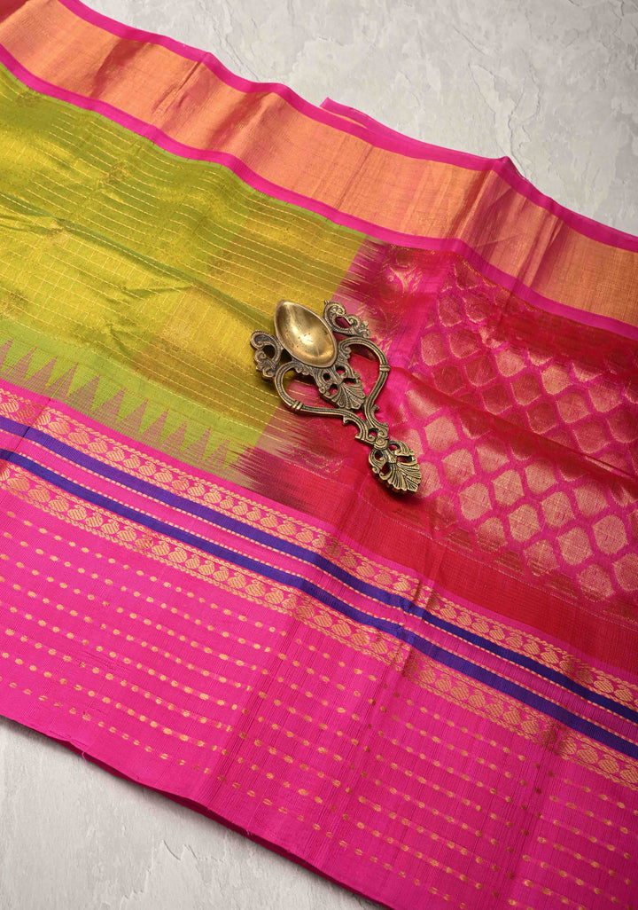 Green Yellow Dual Tone Kanchi Silk Cotton Saree with Buttas Zari Checks  and Contrast Zari Border