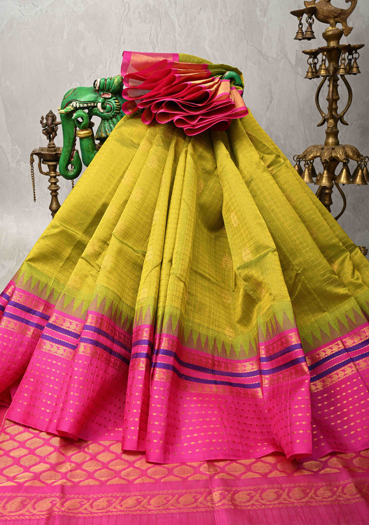 Green Yellow Dual Tone Kanchi Silk Cotton Saree with Buttas Zari Checks  and Contrast Zari Border