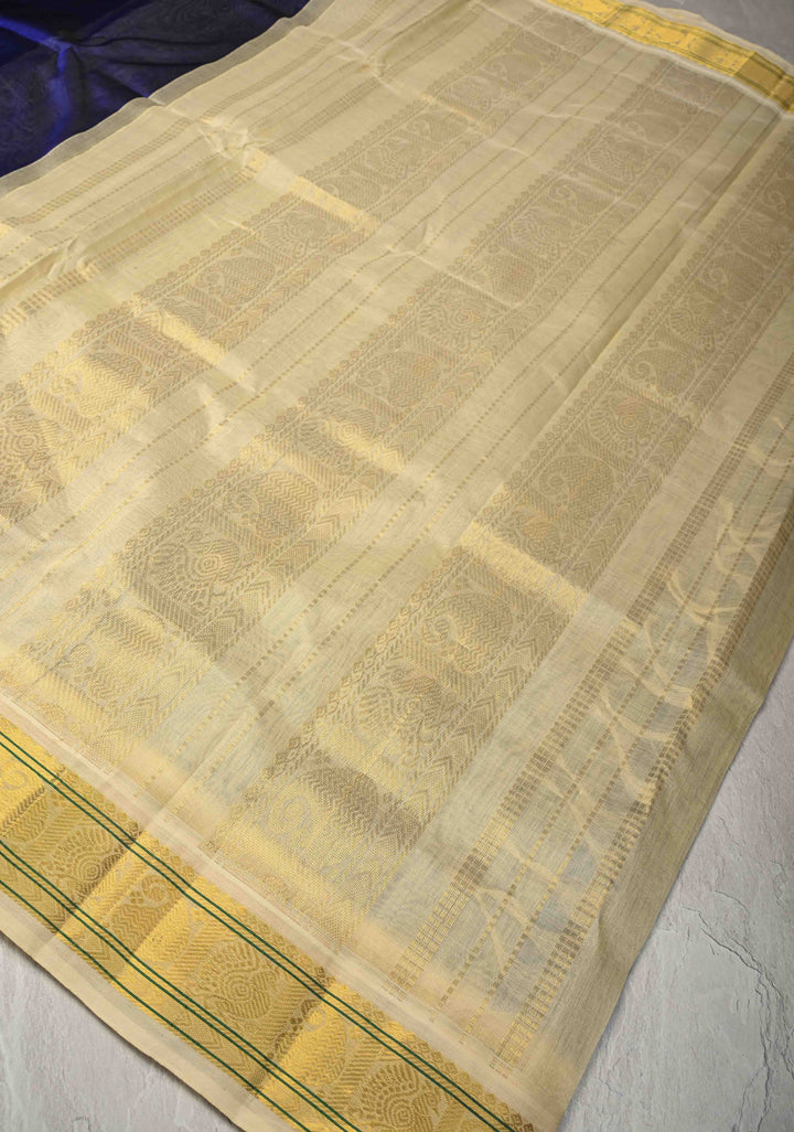 Ink Blue Koravi Kanchi Silk Cotton Handloom Saree with Coin Buttas and Contrast Zari Border