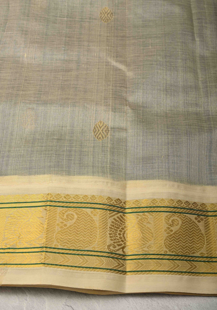Ink Blue Koravi Kanchi Silk Cotton Handloom Saree with Coin Buttas and Contrast Zari Border