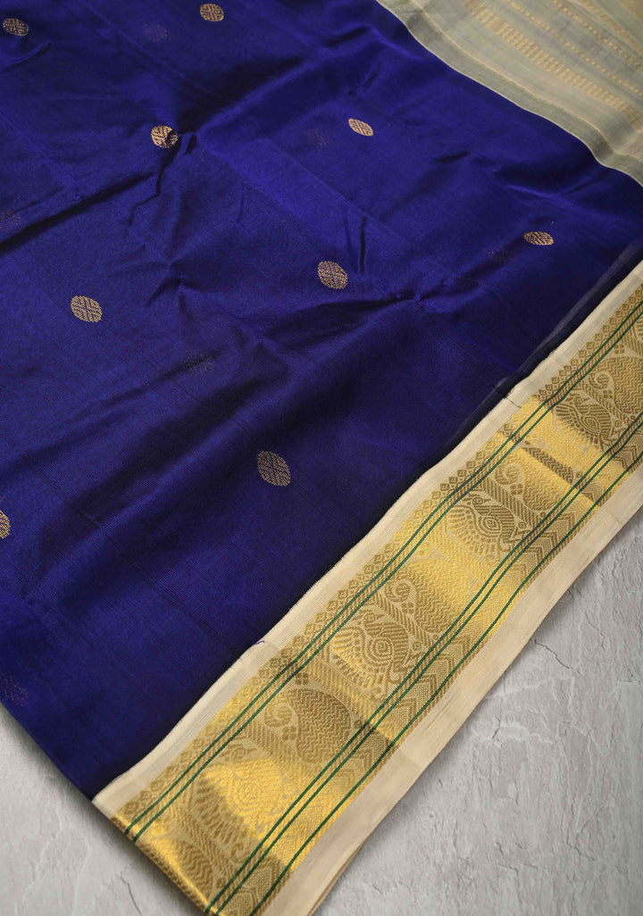 Ink Blue Koravi Kanchi Silk Cotton Handloom Saree with Coin Buttas and Contrast Zari Border