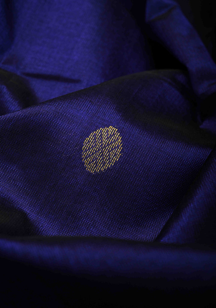 Ink Blue Koravi Kanchi Silk Cotton Handloom Saree with Coin Buttas and Contrast Zari Border