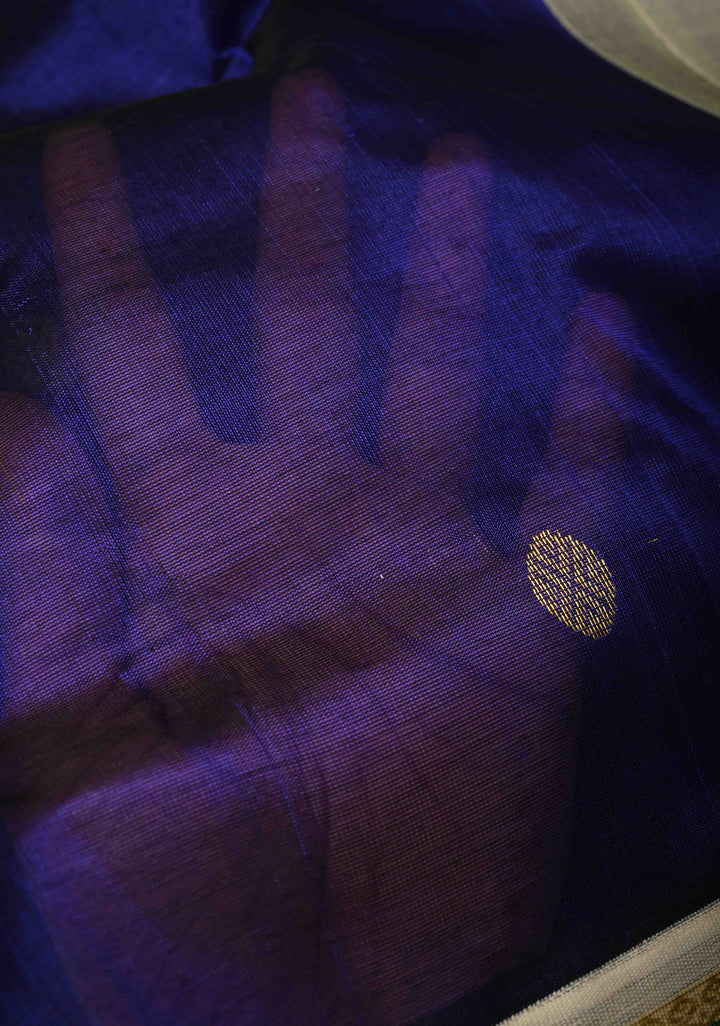 Ink Blue Koravi Kanchi Silk Cotton Handloom Saree with Coin Buttas and Contrast Zari Border