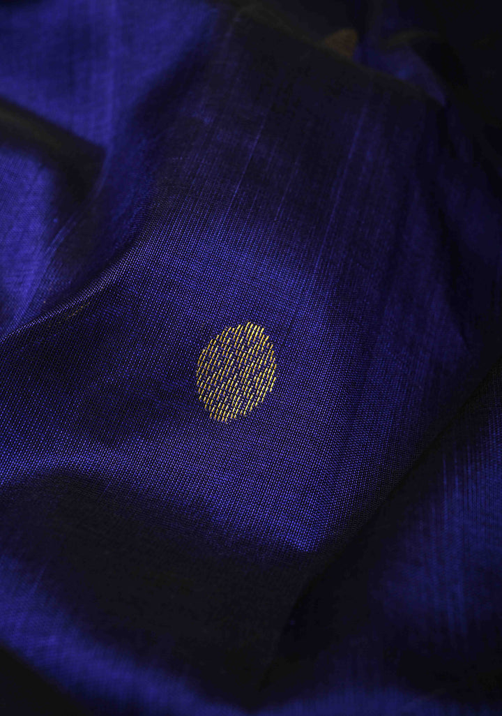 Ink Blue Koravi Kanchi Silk Cotton Handloom Saree with Coin Buttas and Contrast Zari Border
