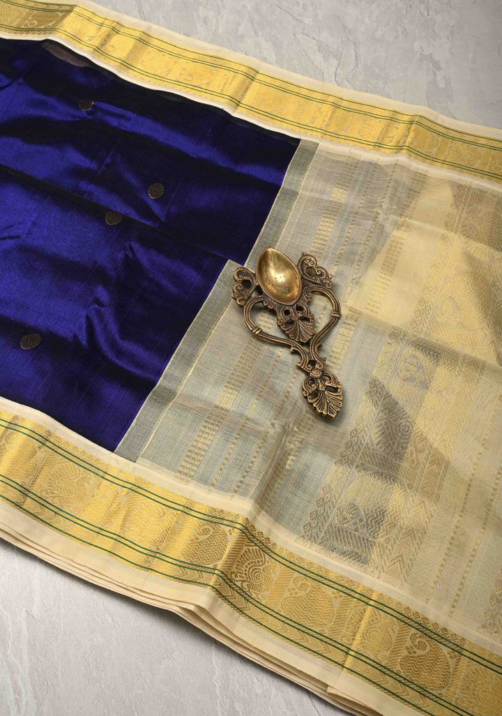 Ink Blue Koravi Kanchi Silk Cotton Handloom Saree with Coin Buttas and Contrast Zari Border