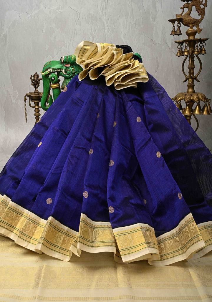 Ink Blue Koravi Kanchi Silk Cotton Handloom Saree with Coin Buttas and Contrast Zari Border