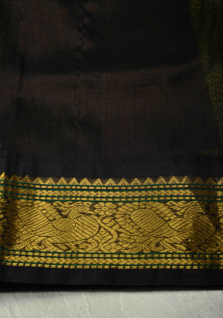 Moss Green Dual Tone Checks Kanchi Silk Cotton Handloom Saree with Contrast Zari Border