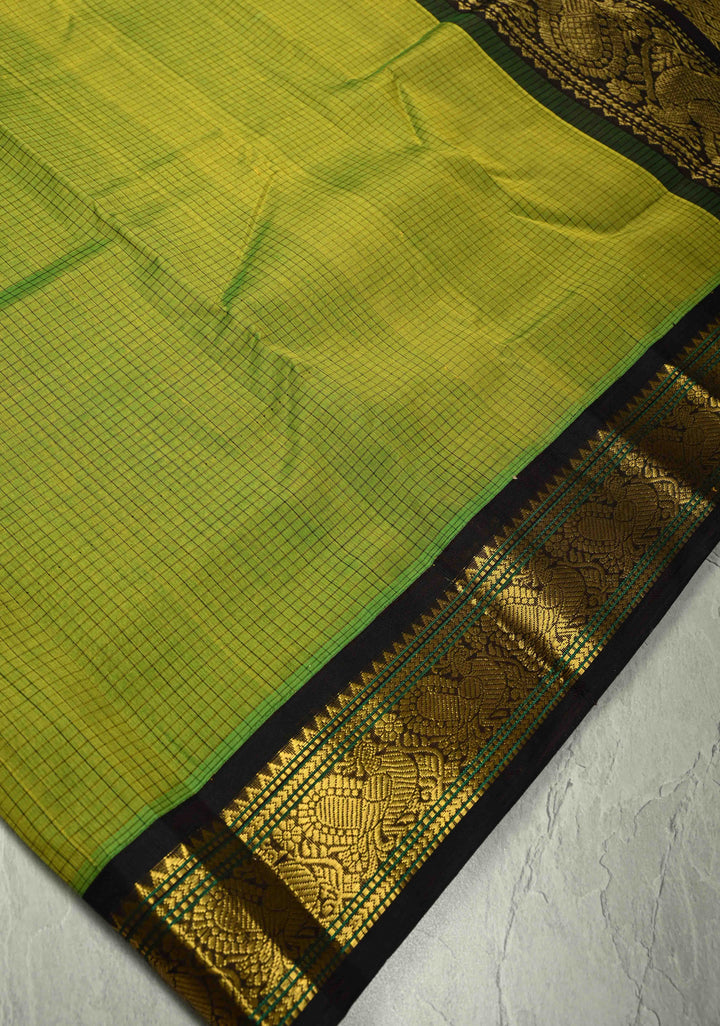 Moss Green Dual Tone Checks Kanchi Silk Cotton Handloom Saree with Contrast Zari Border