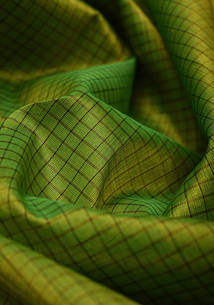 Moss Green Dual Tone Checks Kanchi Silk Cotton Handloom Saree with Contrast Zari Border