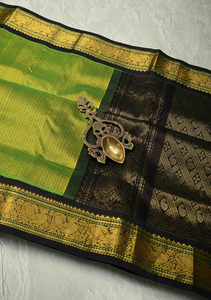 Moss Green Dual Tone Checks Kanchi Silk Cotton Handloom Saree with Contrast Zari Border