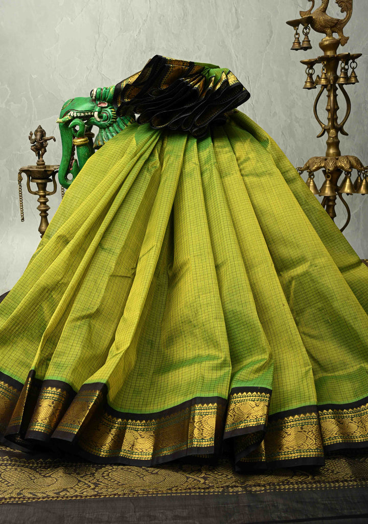 Moss Green Dual Tone Checks Kanchi Silk Cotton Handloom Saree with Contrast Zari Border