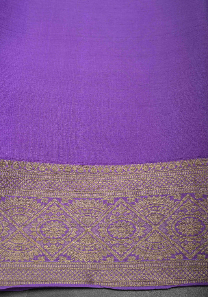 Lilac Purple Pure Mysore Crepe Silk Jaal Brocade Saree with Zari Border | SILK MARK CERTIFIED