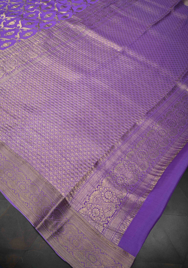 Lilac Purple Pure Mysore Crepe Silk Jaal Brocade Saree with Zari Border | SILK MARK CERTIFIED