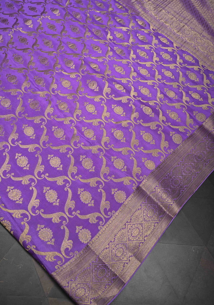 Lilac Purple Pure Mysore Crepe Silk Jaal Brocade Saree with Zari Border | SILK MARK CERTIFIED