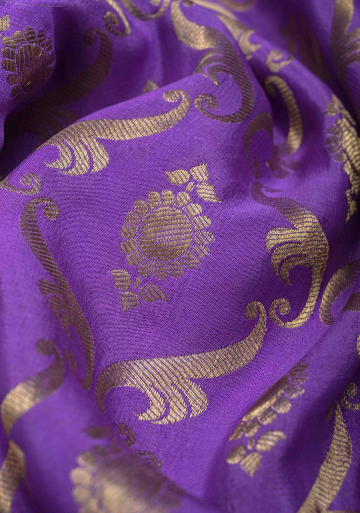 Lilac Purple Pure Mysore Crepe Silk Jaal Brocade Saree with Zari Border | SILK MARK CERTIFIED