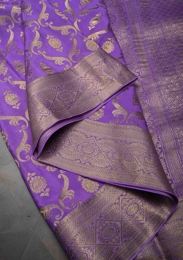 Lilac Purple Pure Mysore Crepe Silk Jaal Brocade Saree with Zari Border | SILK MARK CERTIFIED