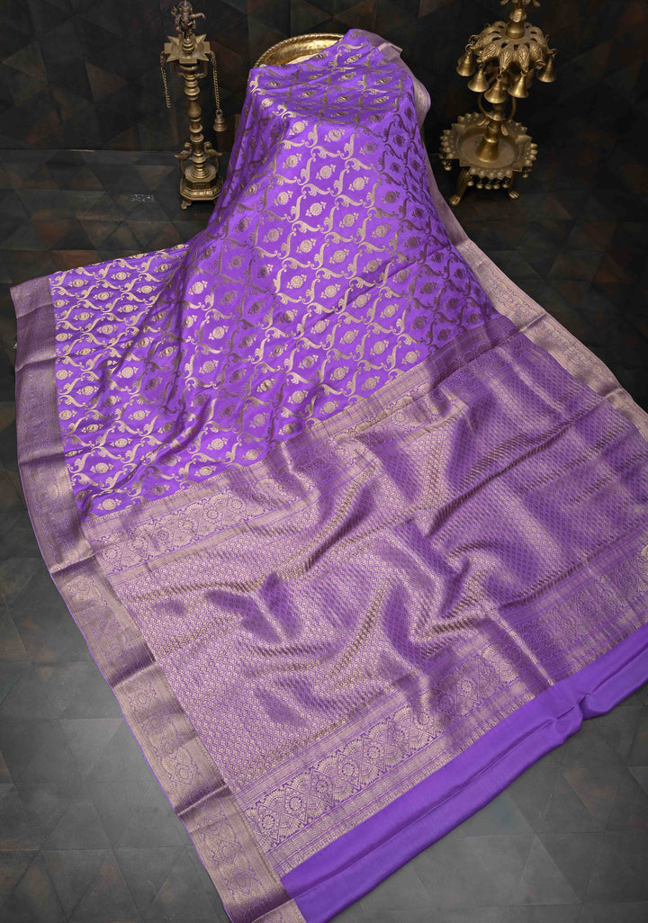 Lilac Purple Pure Mysore Crepe Silk Jaal Brocade Saree with Zari Border | SILK MARK CERTIFIED