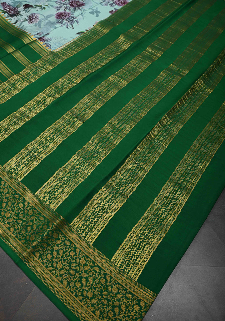 Mint Green Pure Mysore Crepe Silk Sarees with Floral Digital Print and Fancy Borders | Silk Mark Certified