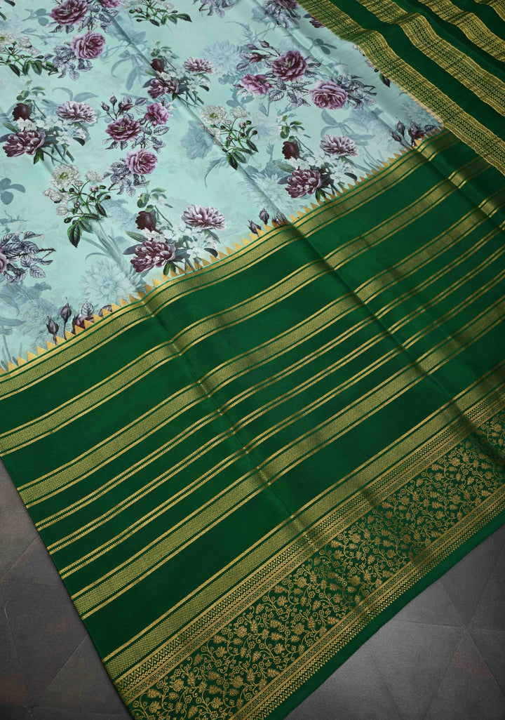 Mint Green Pure Mysore Crepe Silk Sarees with Floral Digital Print and Fancy Borders | Silk Mark Certified