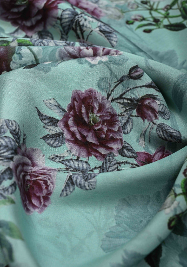 Mint Green Pure Mysore Crepe Silk Sarees with Floral Digital Print and Fancy Borders | Silk Mark Certified