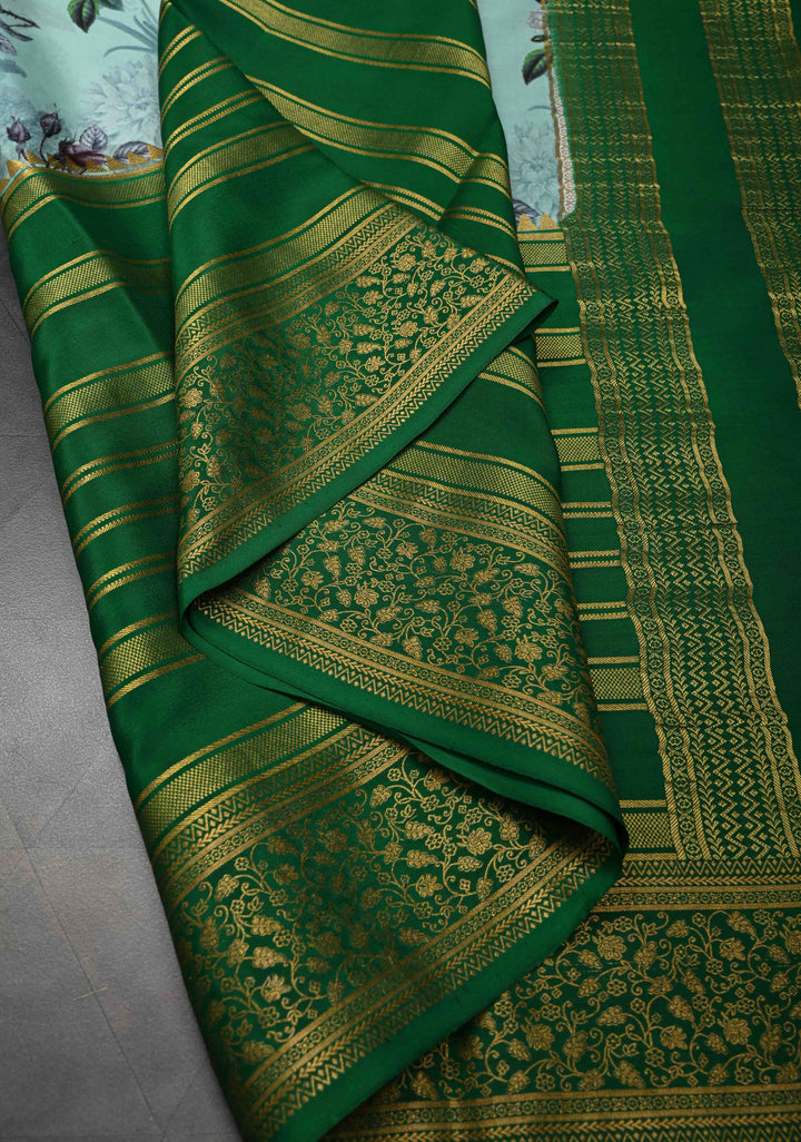 Mint Green Pure Mysore Crepe Silk Sarees with Floral Digital Print and Fancy Borders | Silk Mark Certified
