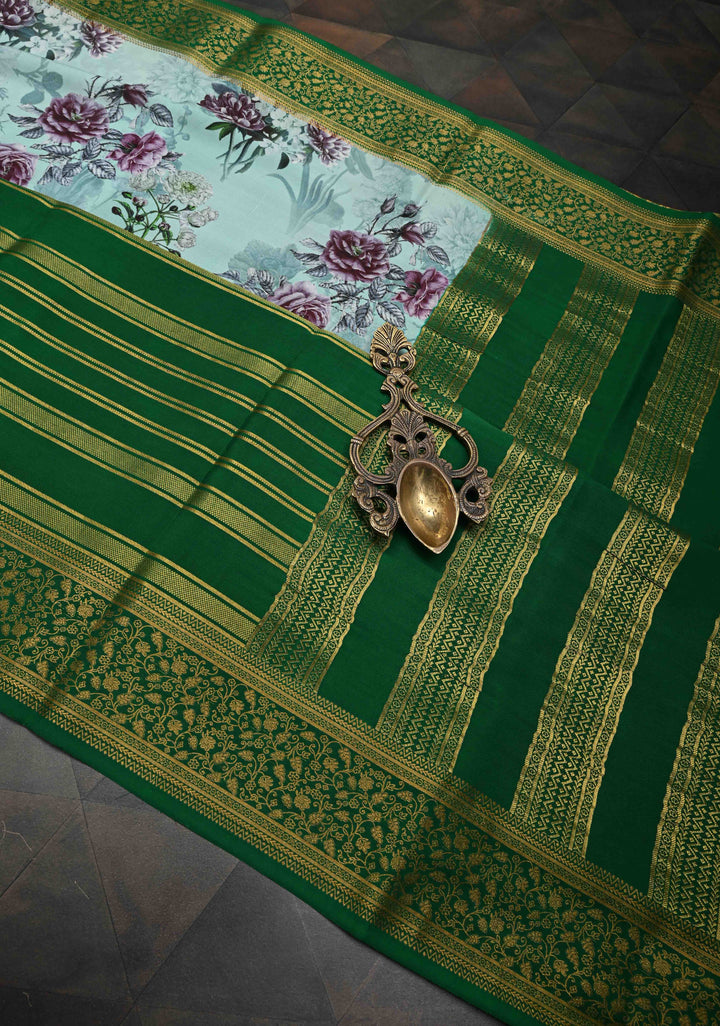 Mint Green Pure Mysore Crepe Silk Sarees with Floral Digital Print and Fancy Borders | Silk Mark Certified