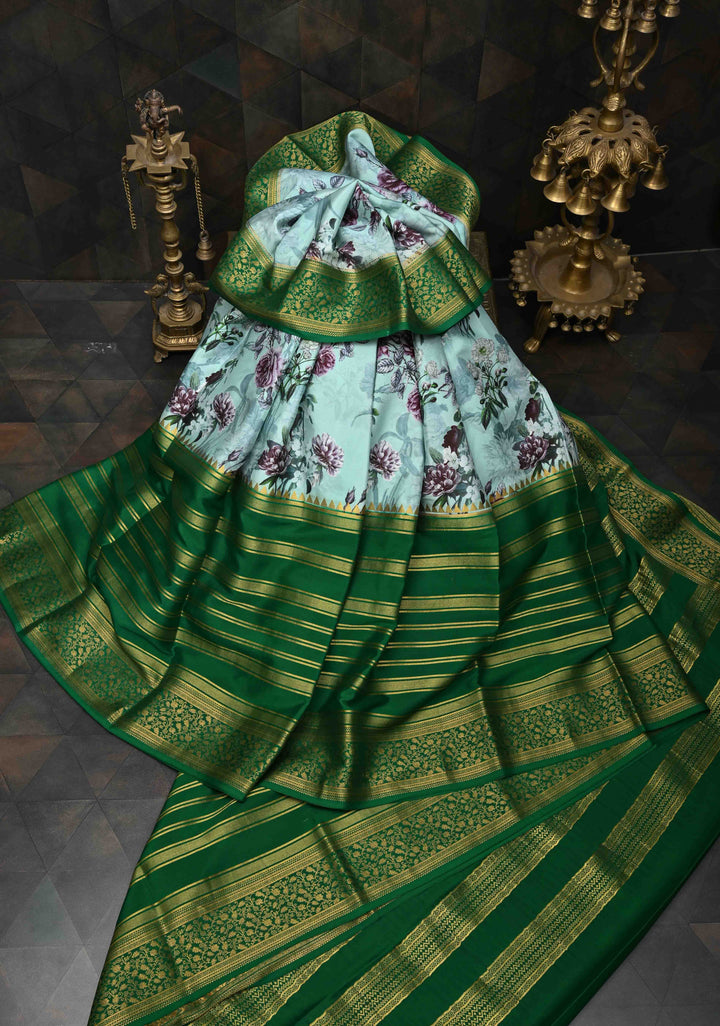 Mint Green Pure Mysore Crepe Silk Sarees with Floral Digital Print and Fancy Borders | Silk Mark Certified