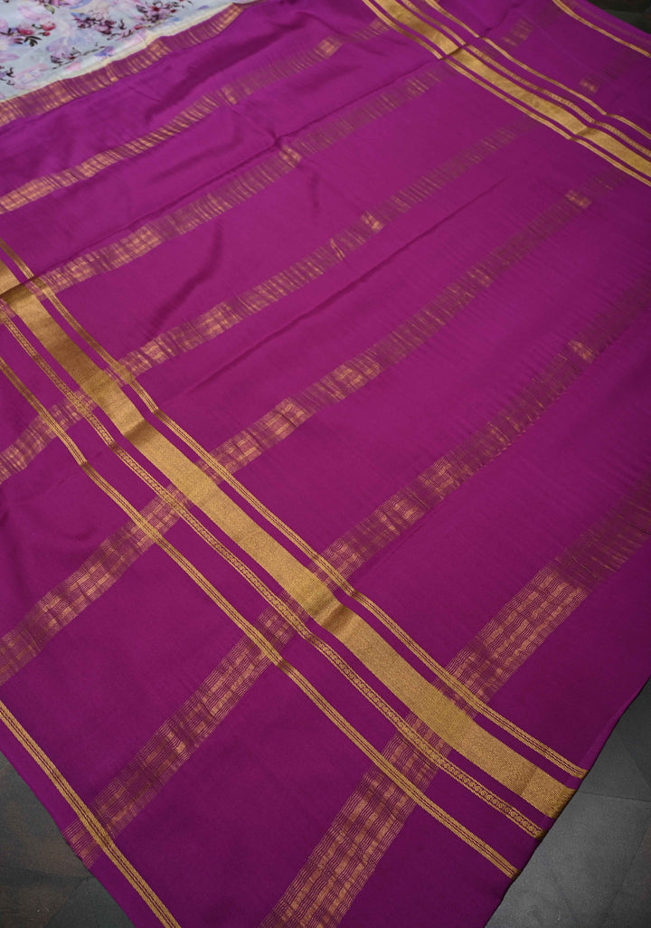 Beau Blue Pure Mysore Crepe Silk Sarees with Floral Digital Print and Fancy Borders | SILK MARK CERTIFIED