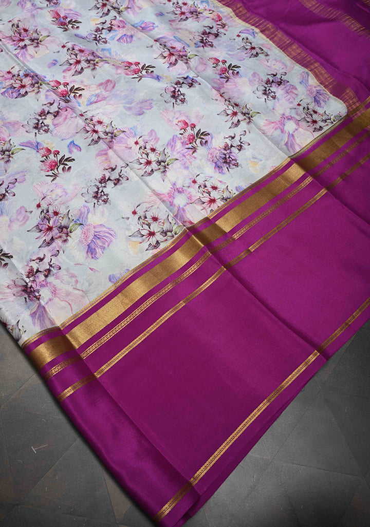 Beau Blue Pure Mysore Crepe Silk Sarees with Floral Digital Print and Fancy Borders | SILK MARK CERTIFIED
