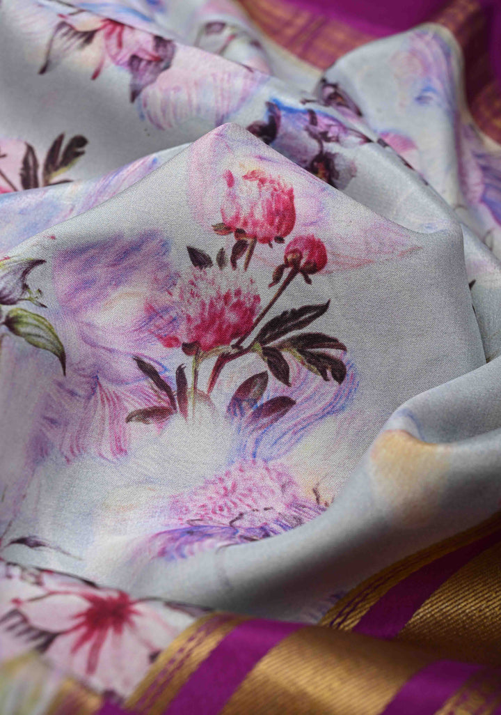 Beau Blue Pure Mysore Crepe Silk Sarees with Floral Digital Print and Fancy Borders | SILK MARK CERTIFIED
