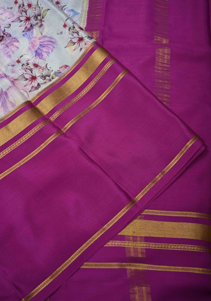 Beau Blue Pure Mysore Crepe Silk Sarees with Floral Digital Print and Fancy Borders | SILK MARK CERTIFIED