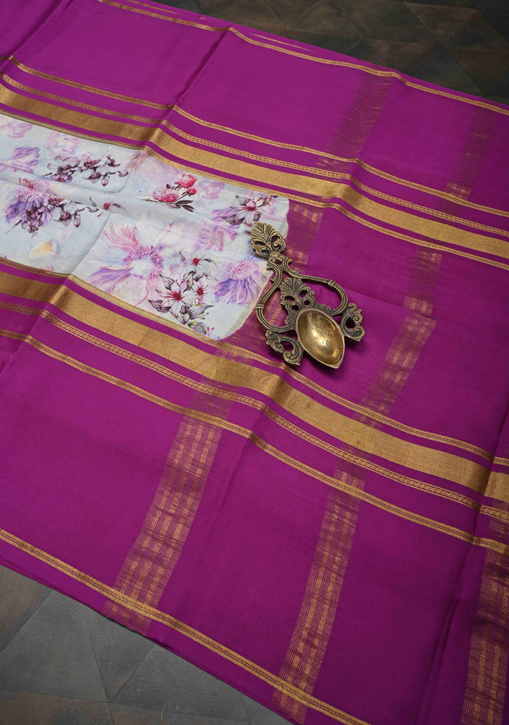 Beau Blue Pure Mysore Crepe Silk Sarees with Floral Digital Print and Fancy Borders | SILK MARK CERTIFIED