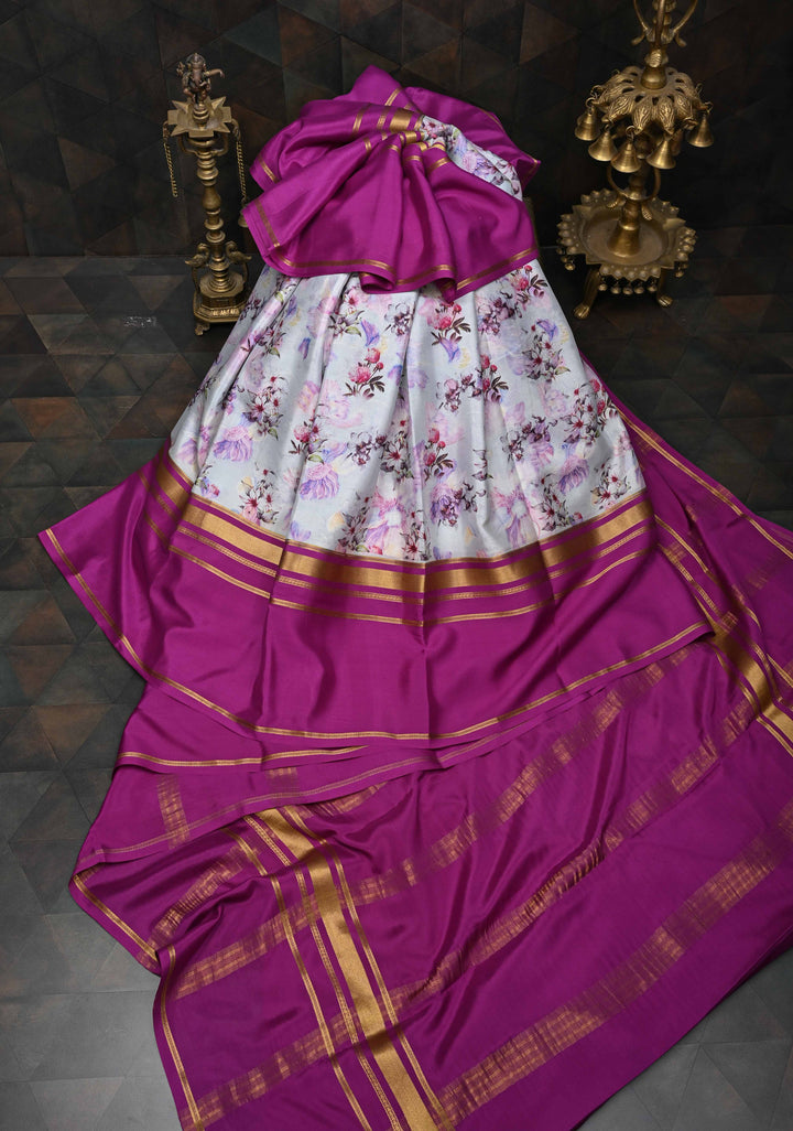 Beau Blue Pure Mysore Crepe Silk Sarees with Floral Digital Print and Fancy Borders | SILK MARK CERTIFIED