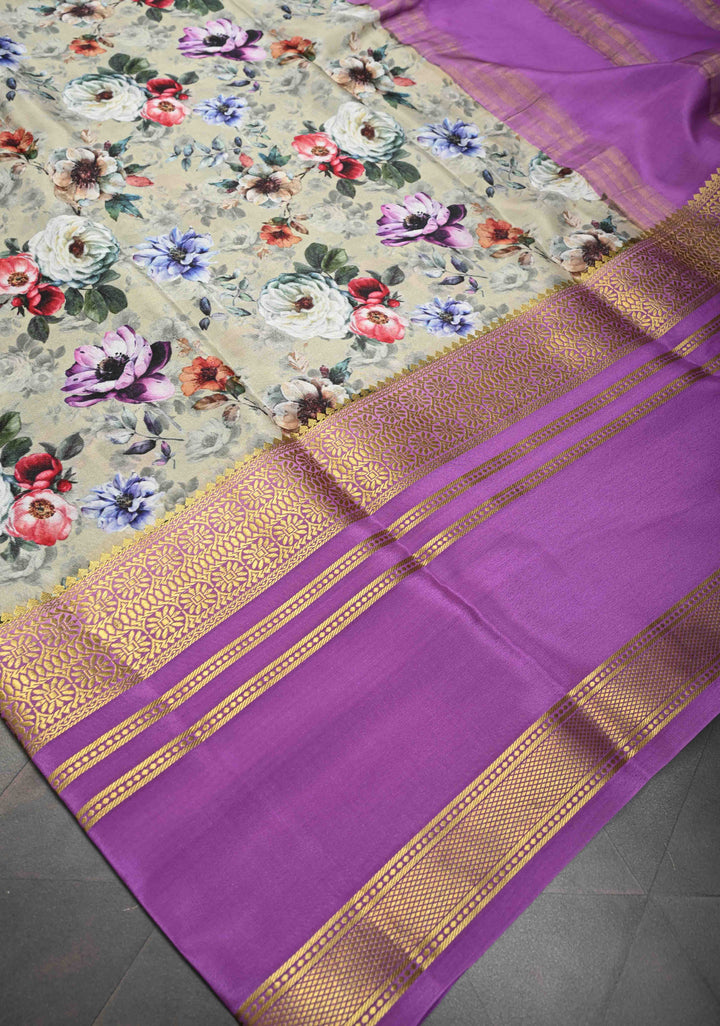 Sage Green Pure Mysore Crepe Silk Sarees with Floral Digital Print and Fancy Borders | Silk Mark Certified
