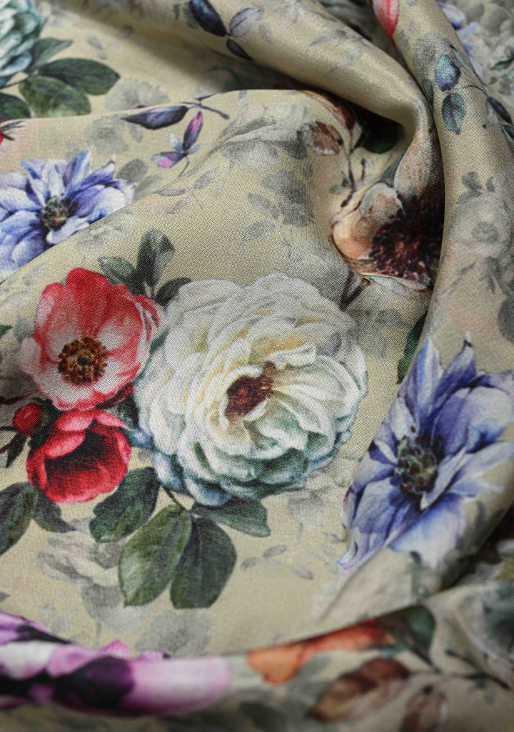 Sage Green Pure Mysore Crepe Silk Sarees with Floral Digital Print and Fancy Borders | Silk Mark Certified