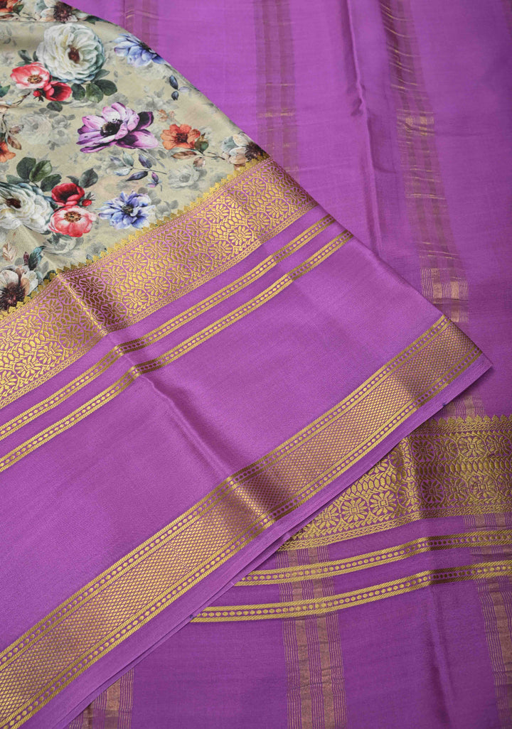 Sage Green Pure Mysore Crepe Silk Sarees with Floral Digital Print and Fancy Borders | Silk Mark Certified