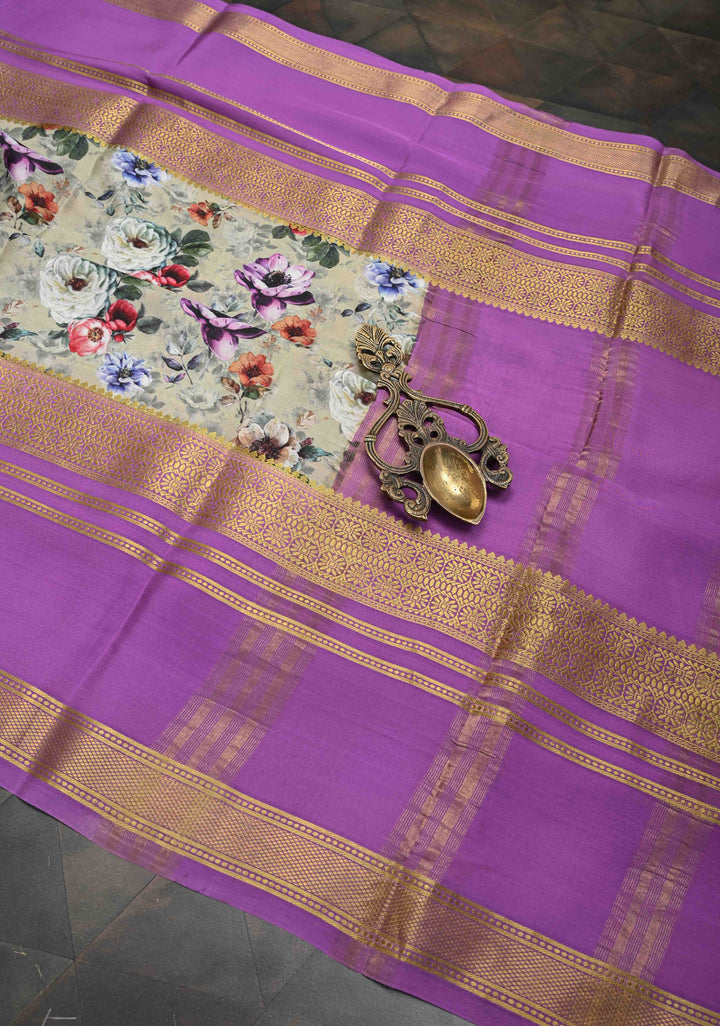 Sage Green Pure Mysore Crepe Silk Sarees with Floral Digital Print and Fancy Borders | Silk Mark Certified