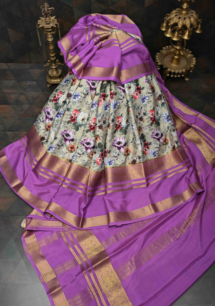 Sage Green Pure Mysore Crepe Silk Sarees with Floral Digital Print and Fancy Borders | Silk Mark Certified