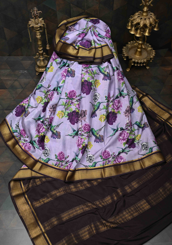 Lilac Pure Mysore Crepe Silk Sarees with Floral Digital Print and Fancy Borders | SILK MARK CERTIFIED