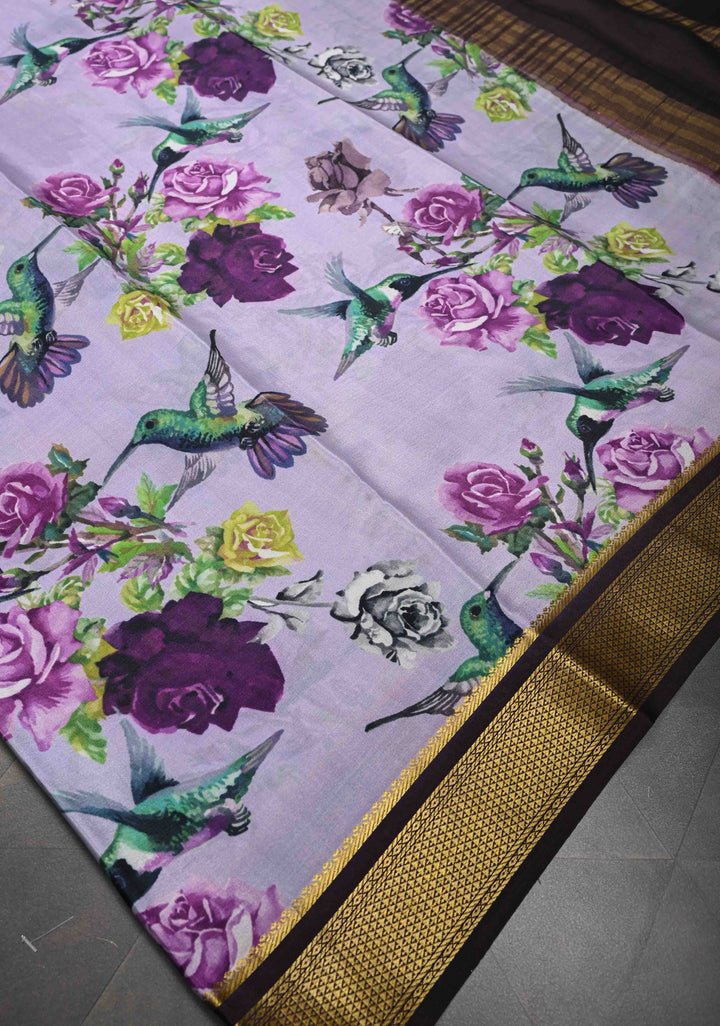 Lilac Pure Mysore Crepe Silk Sarees with Floral Digital Print and Fancy Borders | SILK MARK CERTIFIED