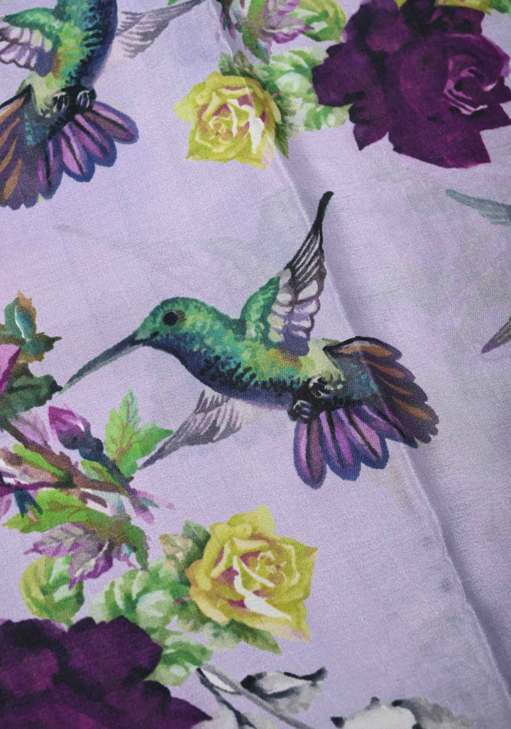 Lilac Pure Mysore Crepe Silk Sarees with Floral Digital Print and Fancy Borders | SILK MARK CERTIFIED