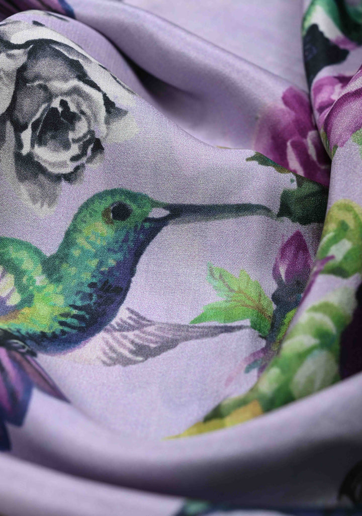 Lilac Pure Mysore Crepe Silk Sarees with Floral Digital Print and Fancy Borders | SILK MARK CERTIFIED